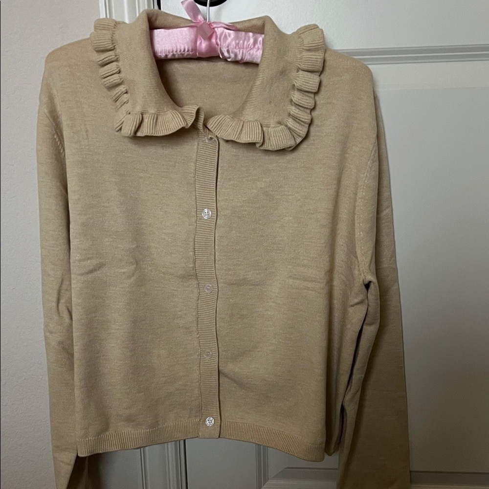 Amazon Women's Beige Cardigan with Ruffle Collar
